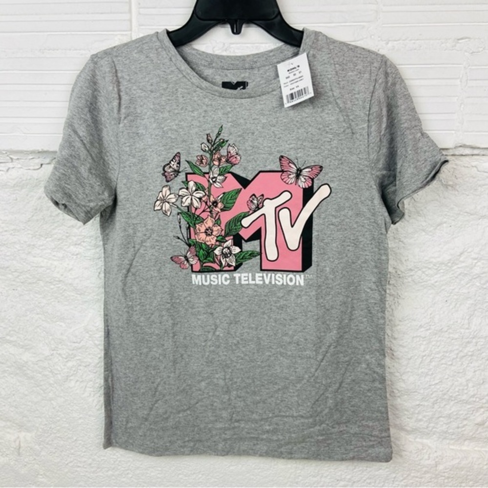 NWT MTV MUSIC TELEVISION heather gray short sleeve floral butterfly shirt SZ XS